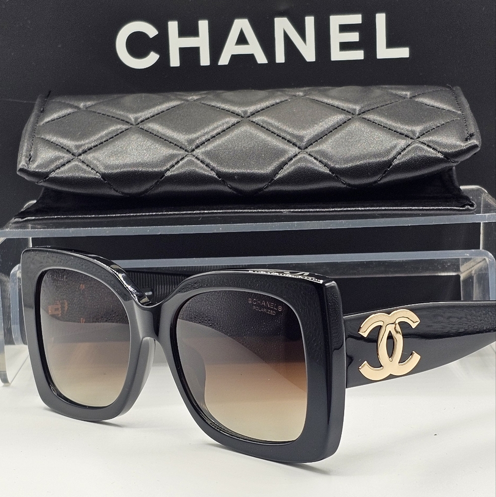 CHANEL Black Sunglasses with Gold Accents - Picture 7 of 12